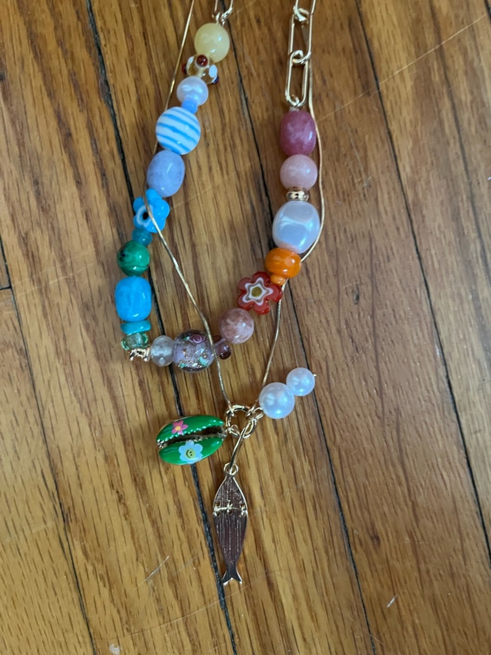 Multicolor Beaded Pendant Necklace with Gold Fish Charm -Anthropologie